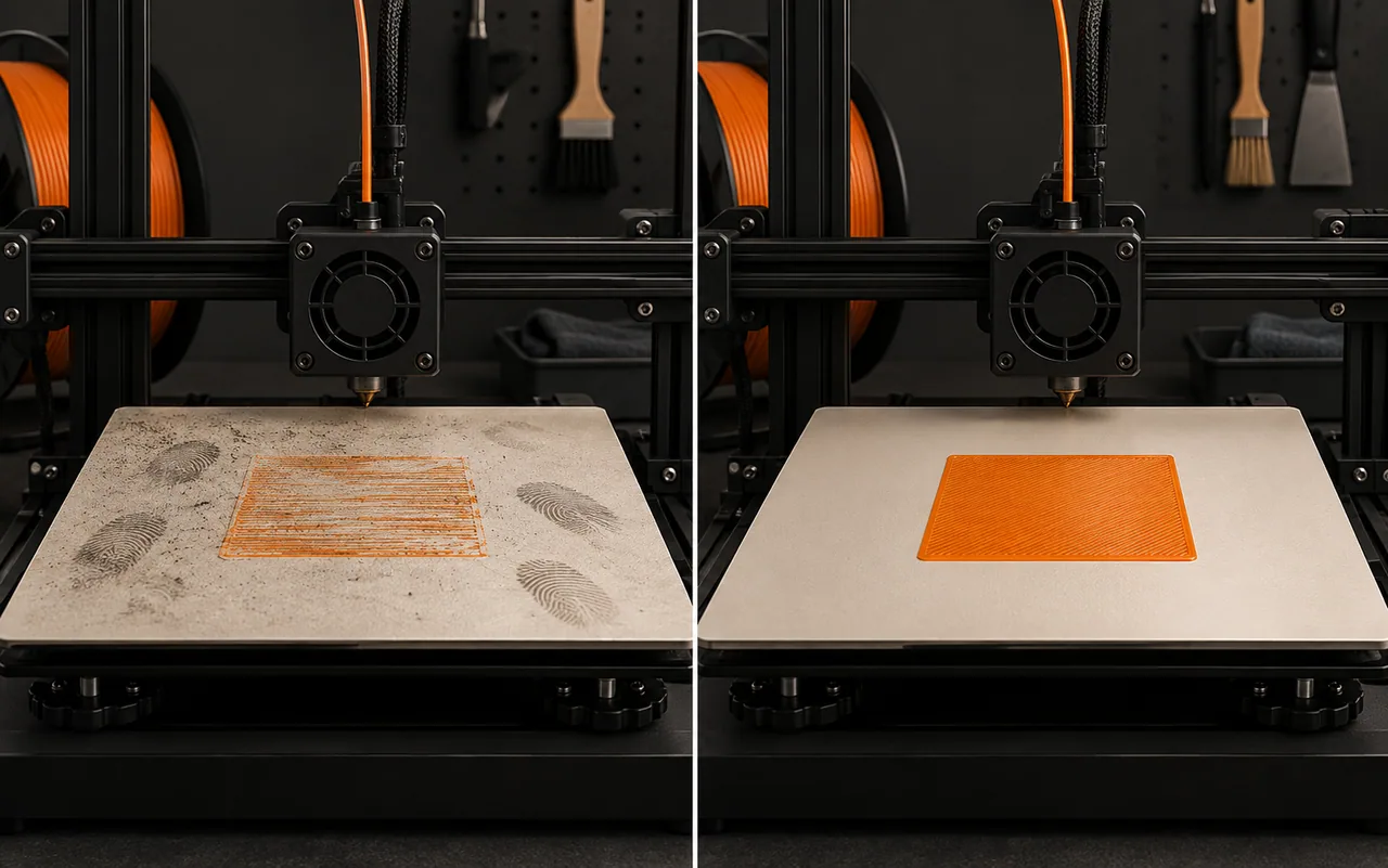 Comparação entre mesa de impressão suja com falha de aderência e mesa limpa com primeira camada uniforme