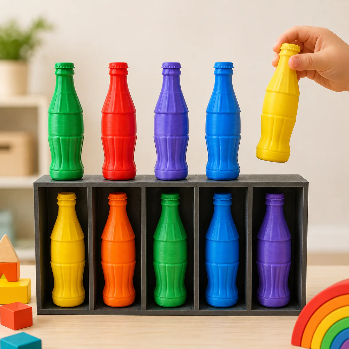 Jogo infantil com garrafas coloridas e suporte preto com compartimentos