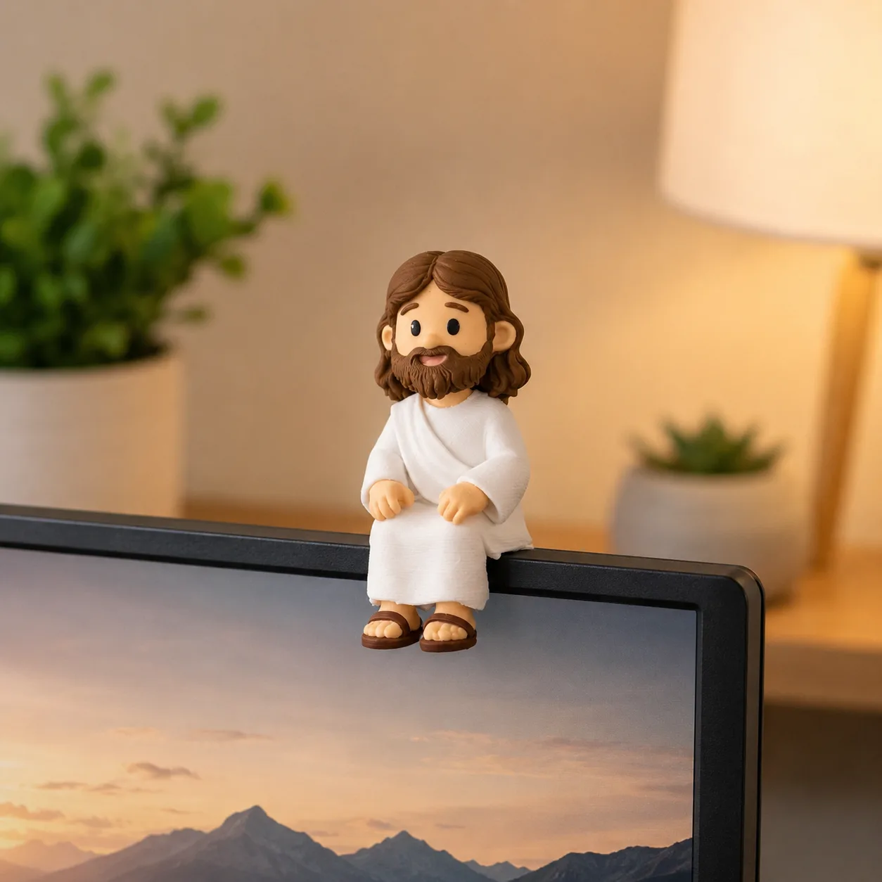 Mini Jesus sentado na borda de um monitor
