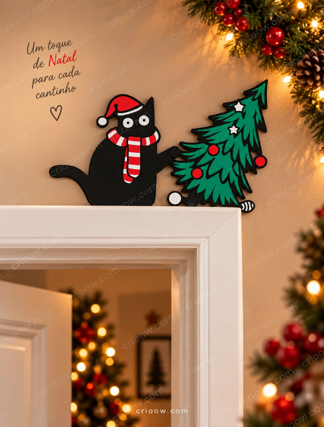 Enfeite Gato de Natal para Canto de Porta