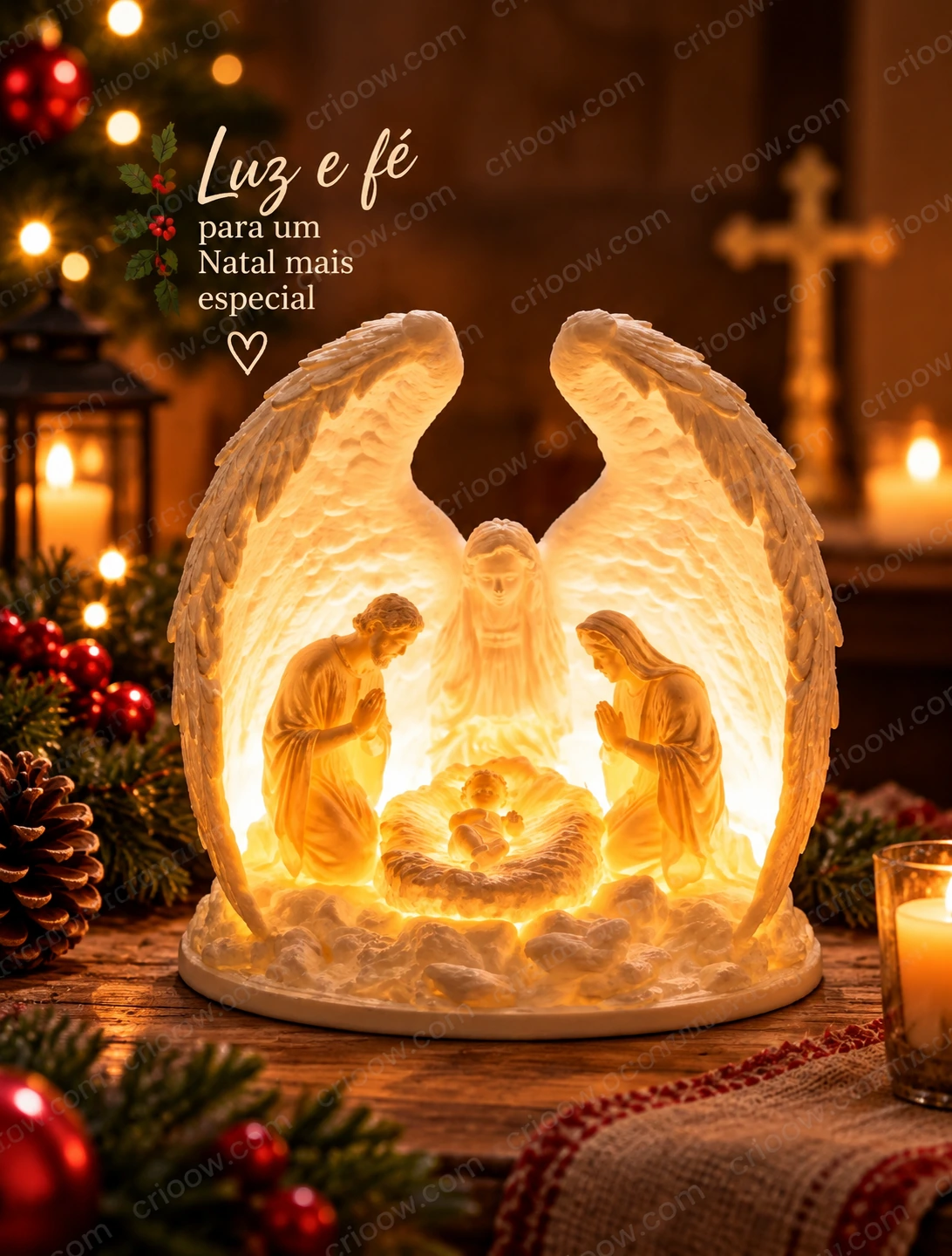 Presépio Iluminado Sagrada Família com Asas de Anjo