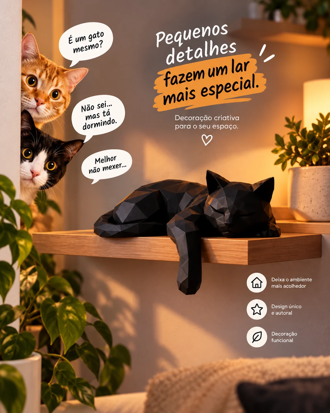 Escultura Gato Deitado Low Poly