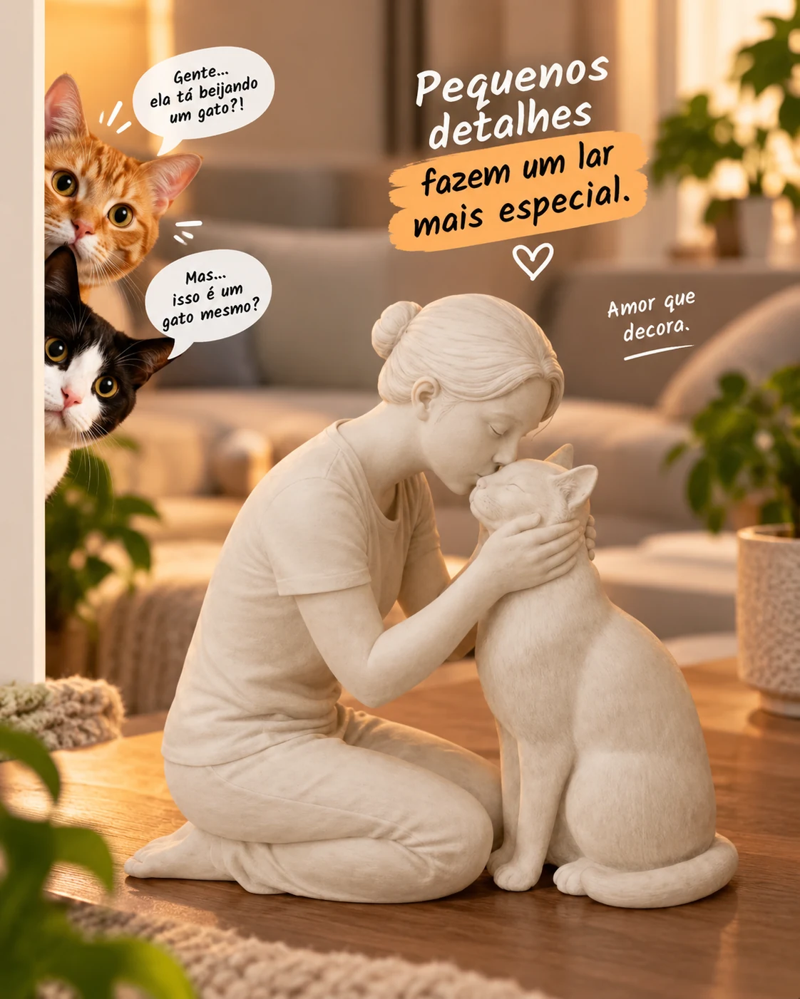 Escultura Mulher Beijando Gato
