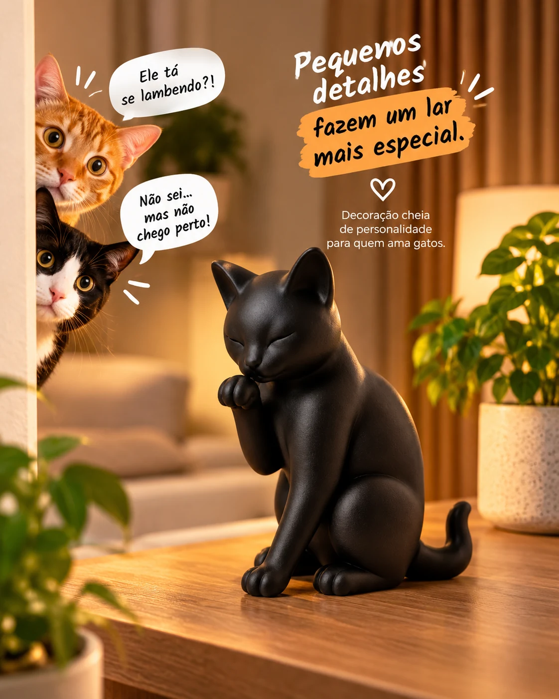 Escultura Gato Lambendo a Pata Minimalista