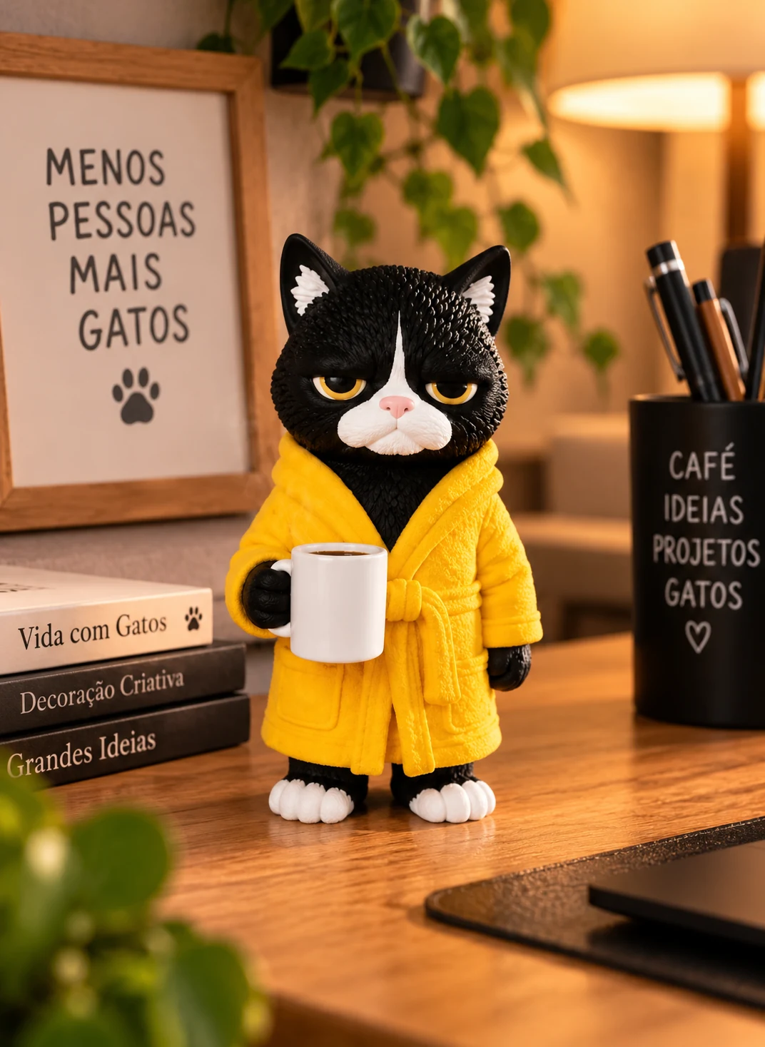 Gato de Roupão com Caneca para Estante