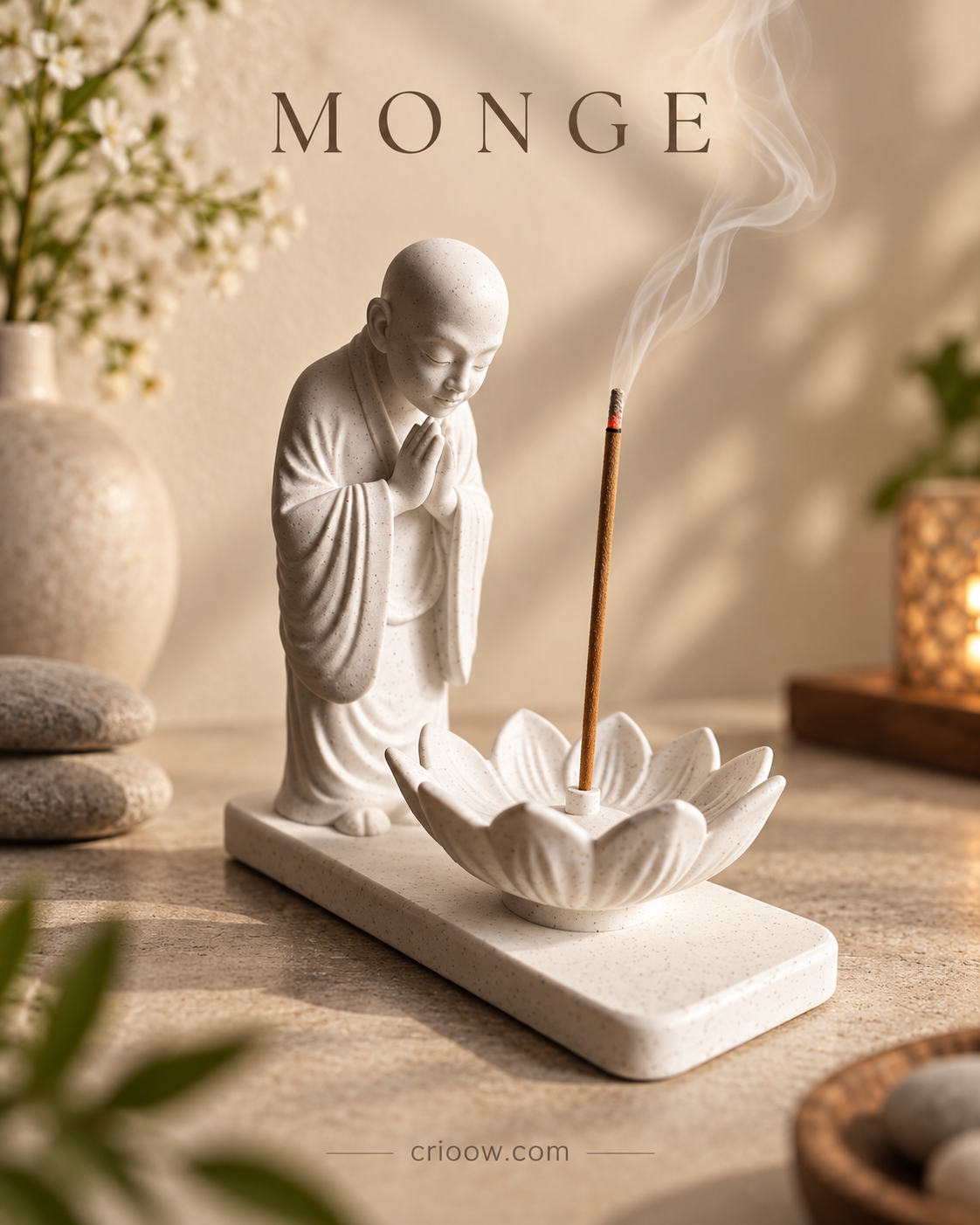 Porta-incenso Monge Meditando com Flor de Lótus